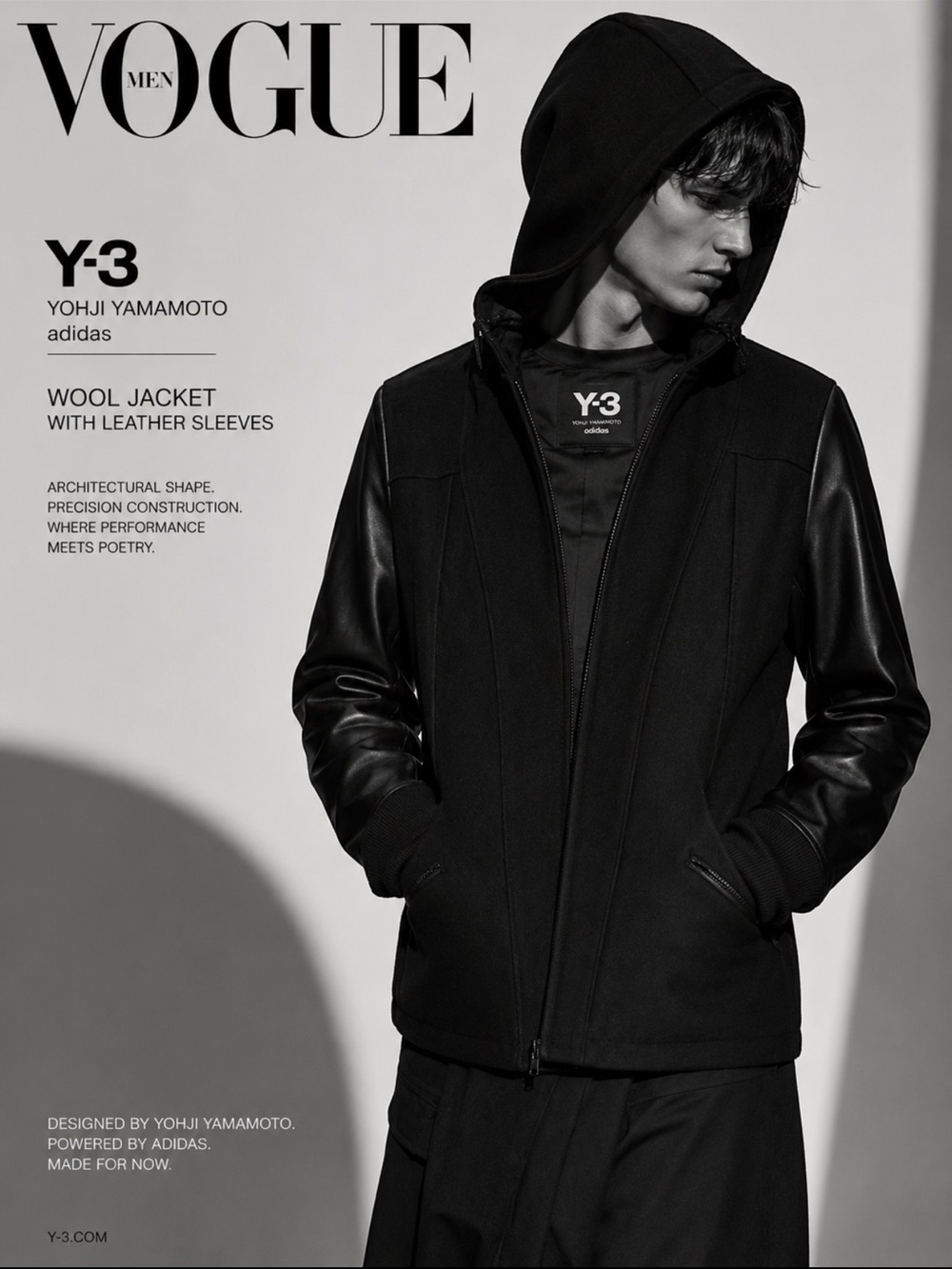 Y-3 x Adidas Black Hooded Bomber Jacket with Leather Sleeves